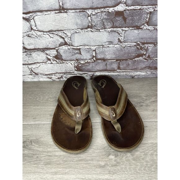 OLUKAI Ikoi Brown Leather Flip Flops Beach Sandals Men Sz 12M US/45EU 10360-1313 - Picture 3 of 16